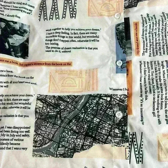 Newspaper All over Print Slogan Collared Button Front Drop Shoulder Blouse, L - Picture 5 of 13